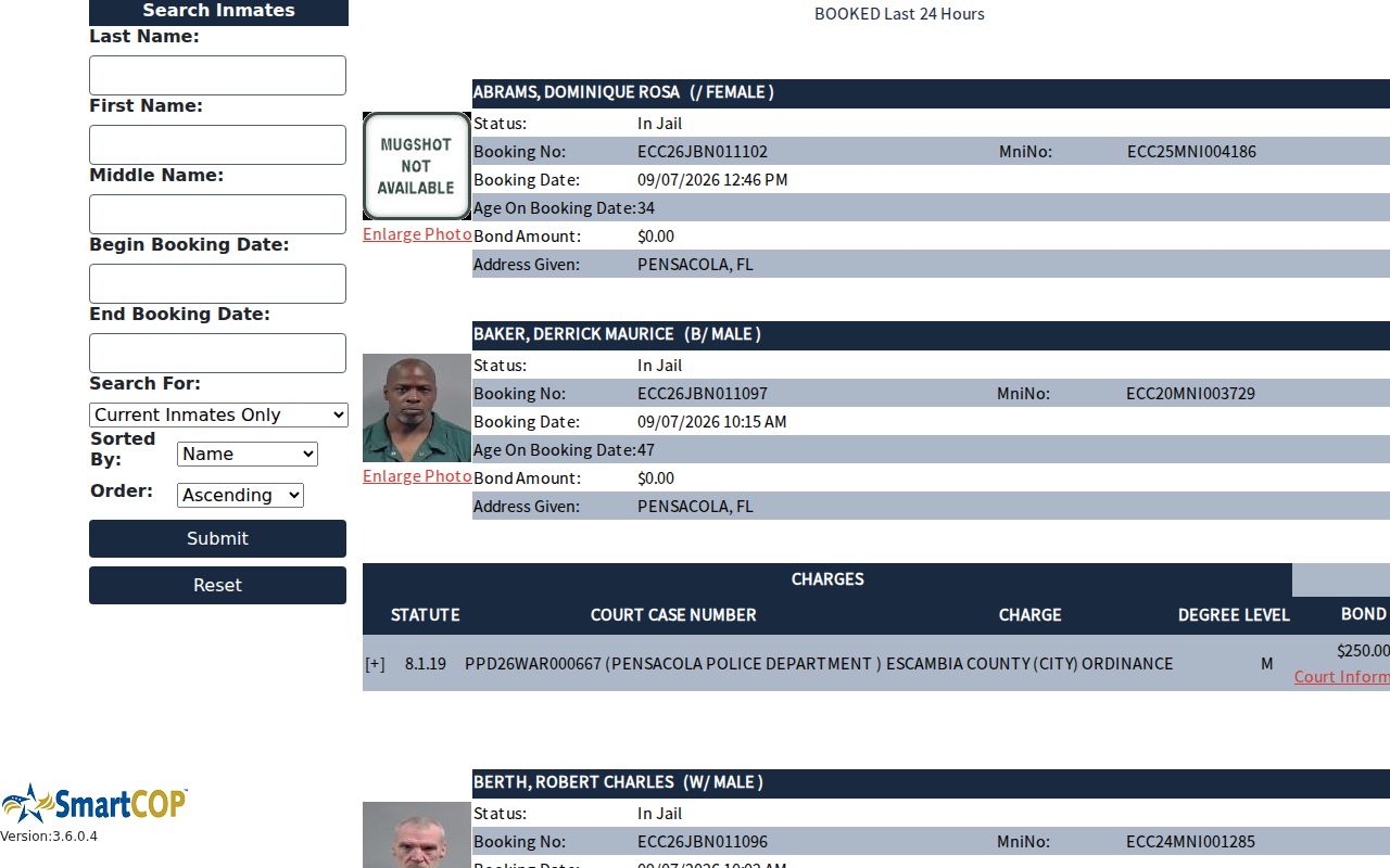 Escambia County JAIL View official booking search interface