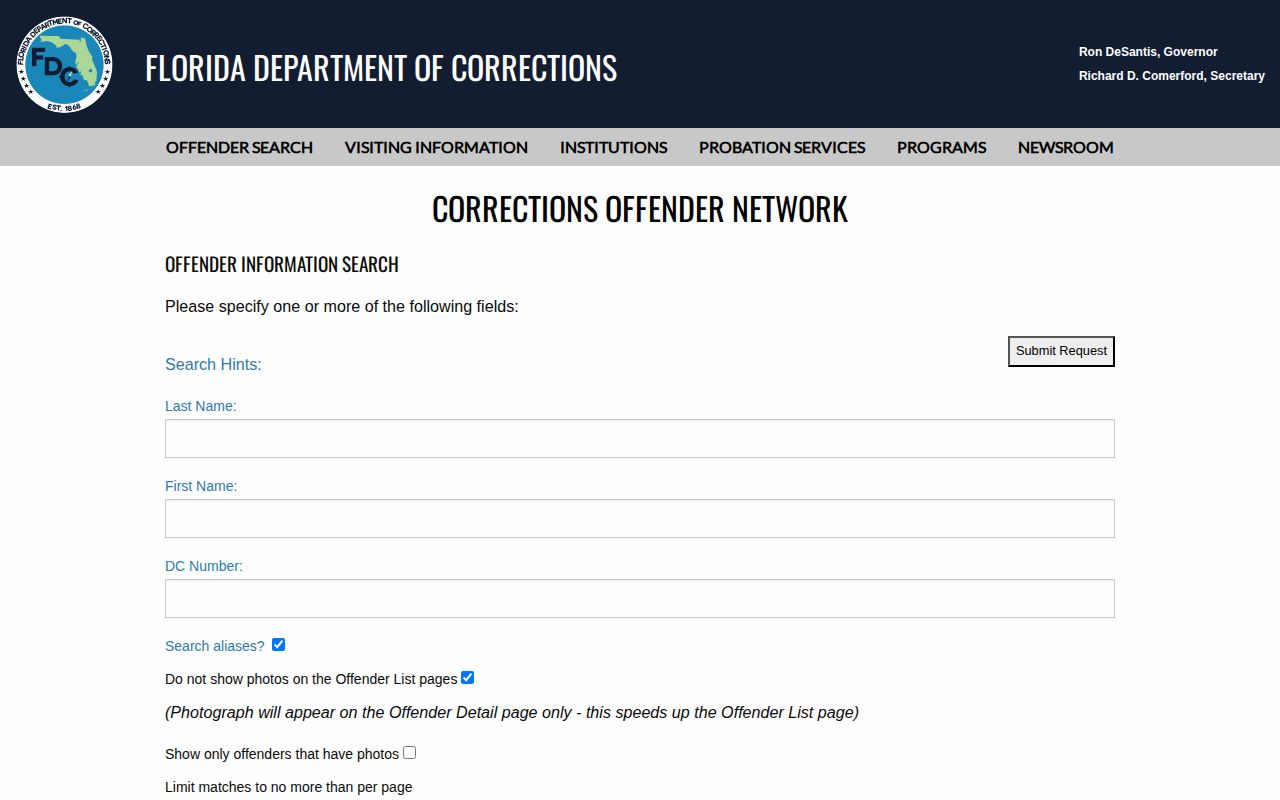 Florida Department of Corrections offender search form