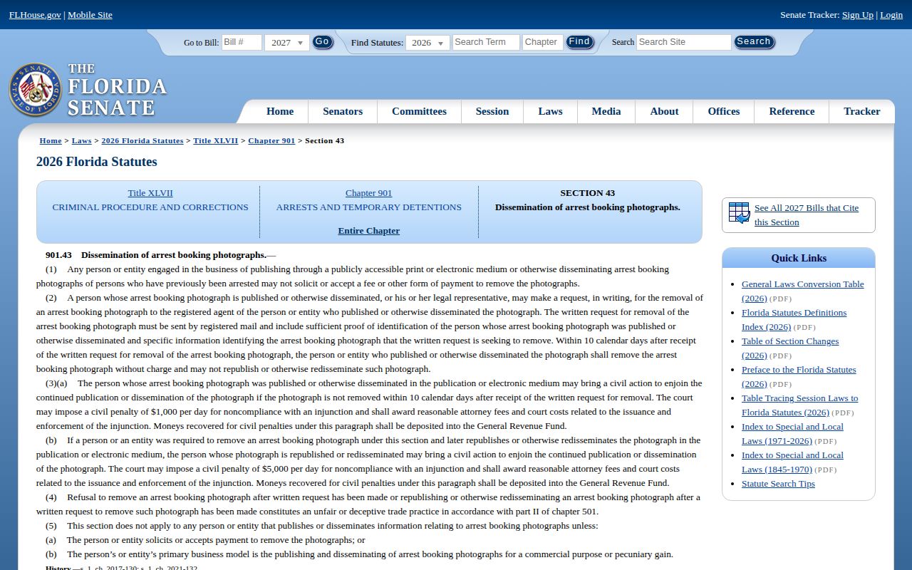 Florida Senate arrest booking photograph removal statute page